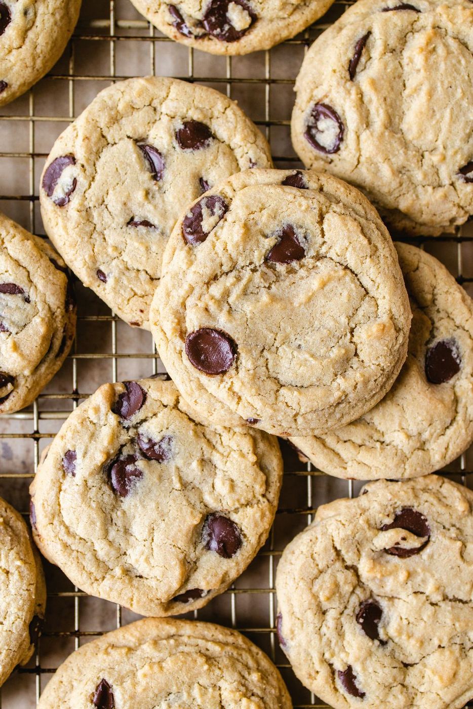 Chocolate chip cookies on a cooling rack